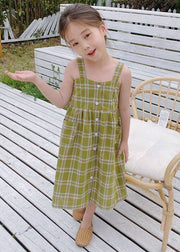 Fashion Green Square Collar Plaid Patchwork Button Girls Long Dress Sleeveless