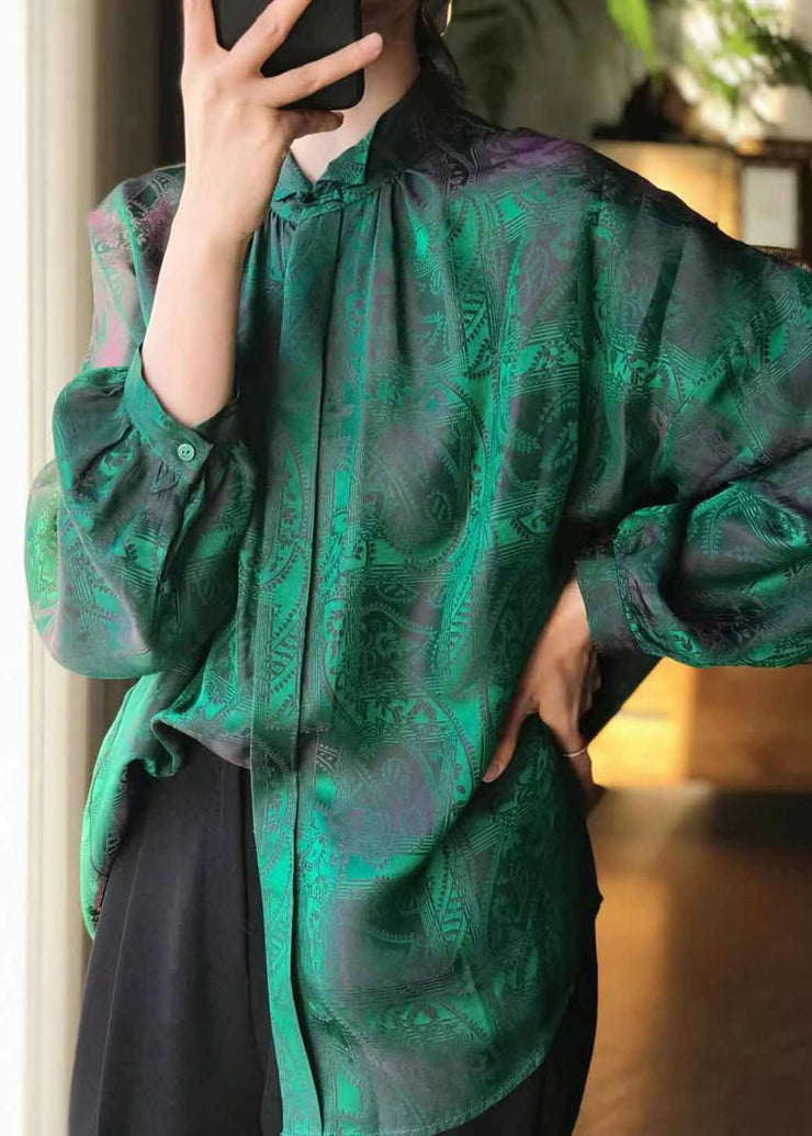 Fashion Green Stand Collar Button Jacquard Silk Blouse Tops Long Sleeve