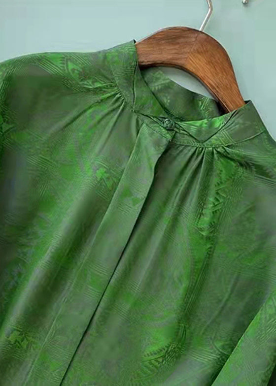 Fashion Green Stand Collar Button Jacquard Silk Blouse Tops Long Sleeve