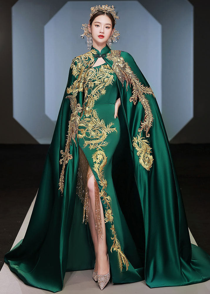 Fashion Green Stand Collar Embroidered Long Cloak And Dress Silk Two Pieces Set Long Sleeve