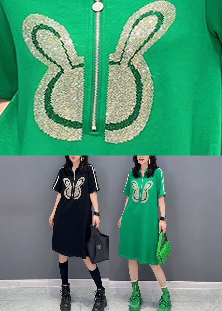 Fashion Green Stand Collar Mid Dress Summer