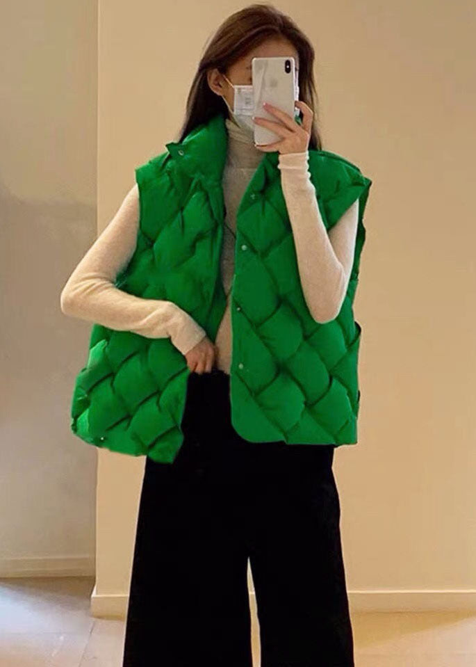Fashion Green Stand Collar Woven Thick Duck Down Vest Winter