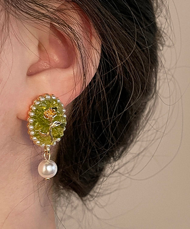 Fashion Green Sterling Silver Rose Pearl Drop Earrings