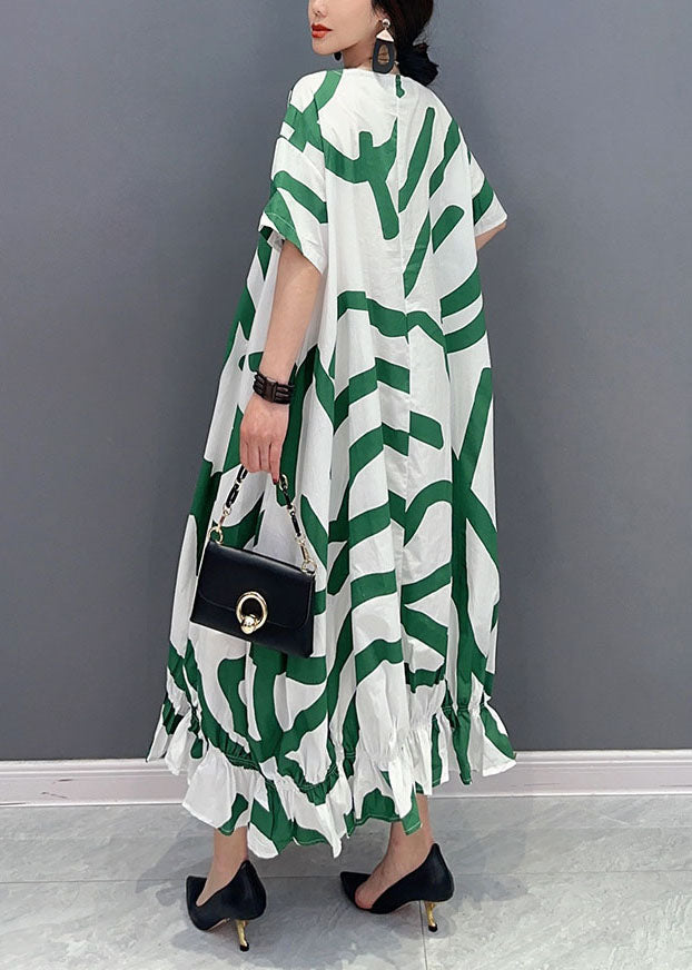 Fashion Green Striped Oversized Wrinkled Cotton Maxi Dresses Summer
