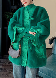Fashion Green V Neck Button Thick Leather And Fur Coats Winter