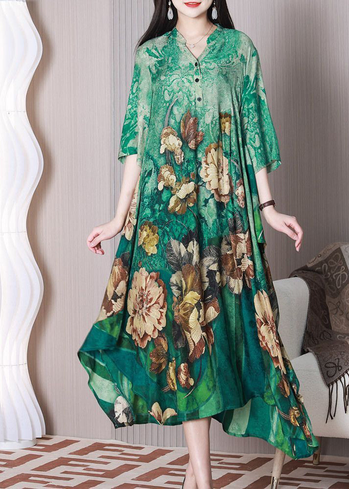 Fashion Green V Neck Oversized Print Silk A Line Dress Half Sleeve