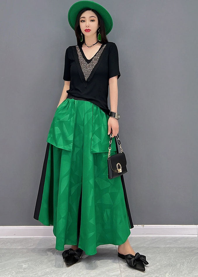 Mode Grün V-Ausschnitt Patchwork Große Taschen Baumwolle Zweiteiler Set Sommer