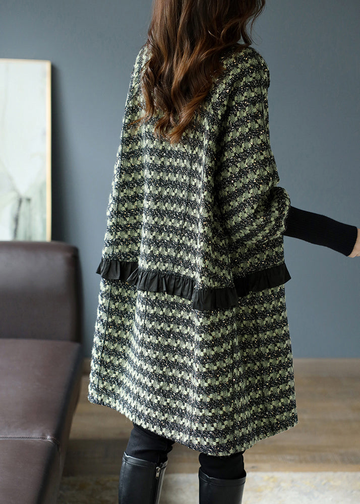Fashion Green V Neck Ruffled Striped Knit Patchwork Thick Coat Long Sleeve