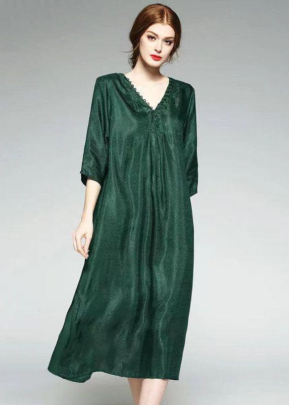 Fashion Green V Neck Wrinkled Jacquard Patchwork Silk Dress Summer