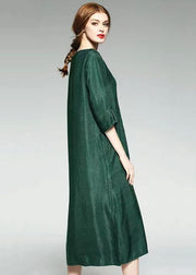 Fashion Green V Neck Wrinkled Jacquard Patchwork Silk Dress Summer