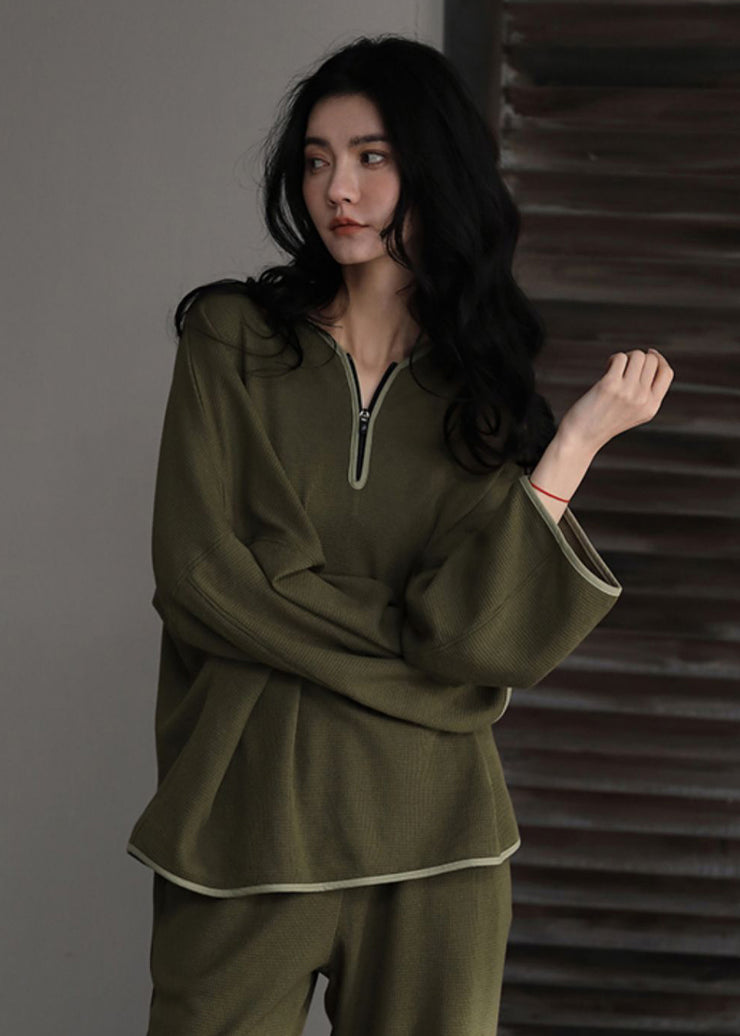 Fashion Green V Neck Zippered Solid Couple Pajamas Two Piece Set Spring