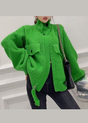 Fashion Green Zip Up Taschen Strickoberteile Mantel Frühling