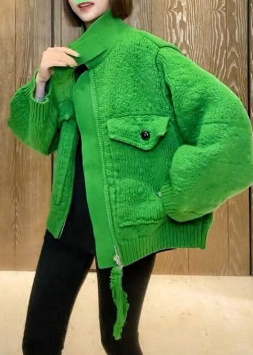 Fashion Green Zip Up Pockets Knitted Tops Coat Spring