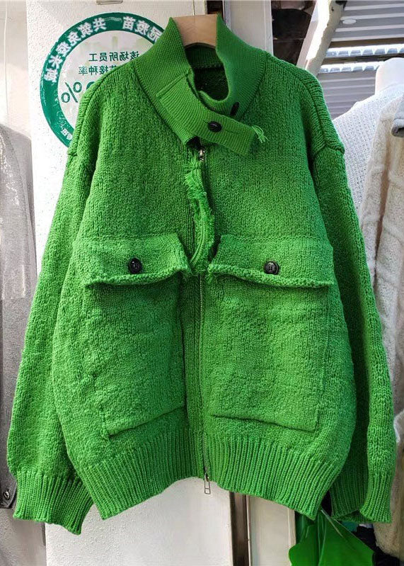 Fashion Green Zip Up Pockets Knitted Tops Coat Spring
