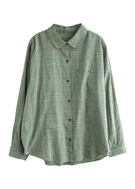 Modisches grünes Knopf-Peter-Pan-Kragen-Baumwollhemd mit langen Ärmeln