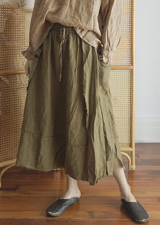Fashion Green elastic waist drawstring Asymmetrical pocket Linen Skirt Spring