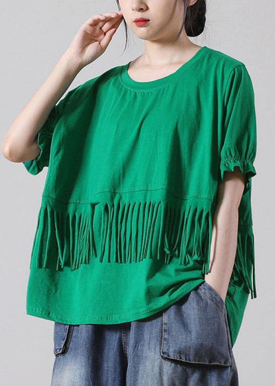 Fashion Green tasseled Cotton Top Short Sleeve Summer - SooLinen