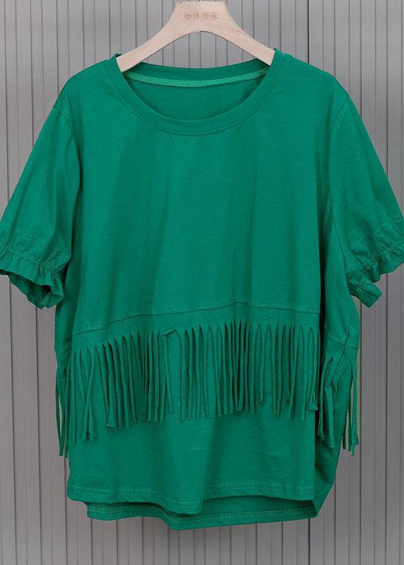 Fashion Green tasseled Cotton Top Short Sleeve Summer - SooLinen