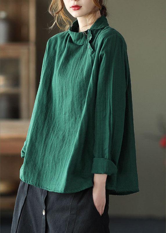 Fashion GreenPeter Pan Collar Button Fall Asymmetrical Design Top Long Sleeve - SooLinen