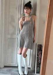 Fashion Grey Cold Shoulder Slim Fit Knit Mid Dress Summer