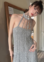 Fashion Grey Cold Shoulder Slim Fit Knit Mid Dress Summer