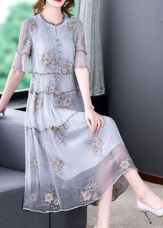Fashion Grey Embroidered Ruffled Exra Large Hem Silk Holiday Dress Summer
