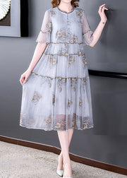 Fashion Grey Embroidered Ruffled Exra Large Hem Silk Holiday Dress Summer