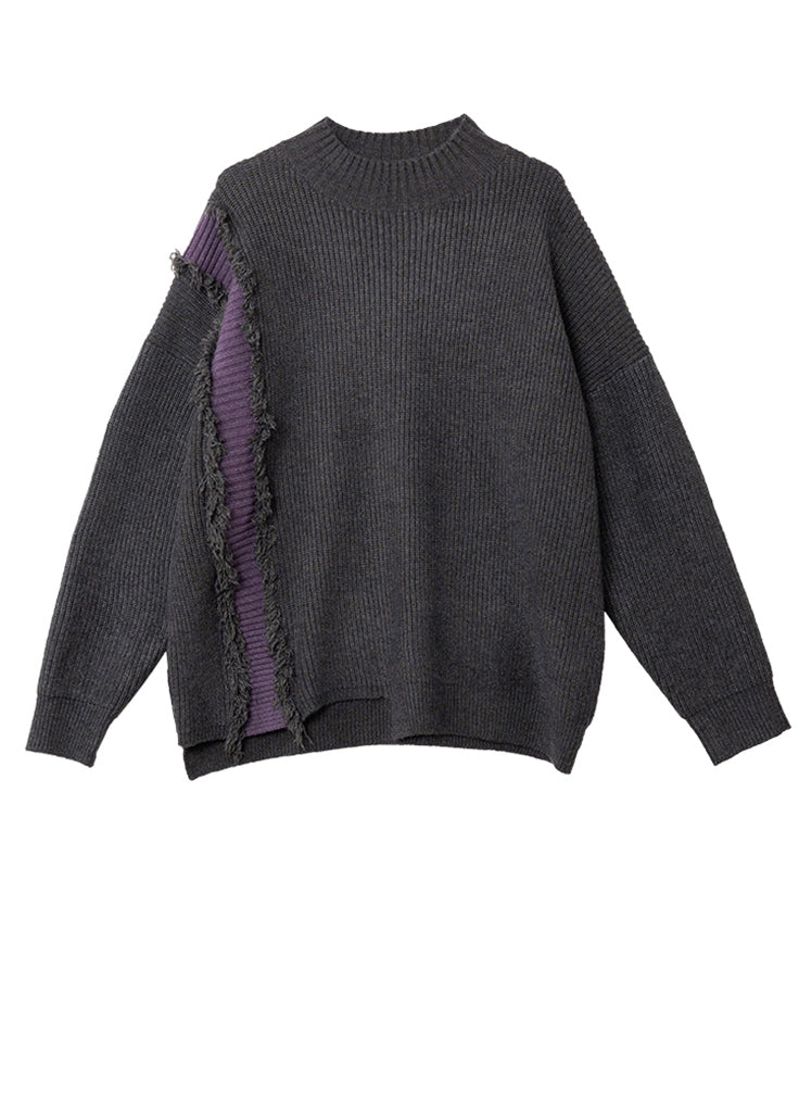 Fashion Grey Fluffy Patchwork Thick Knit Sweater Tops Winter