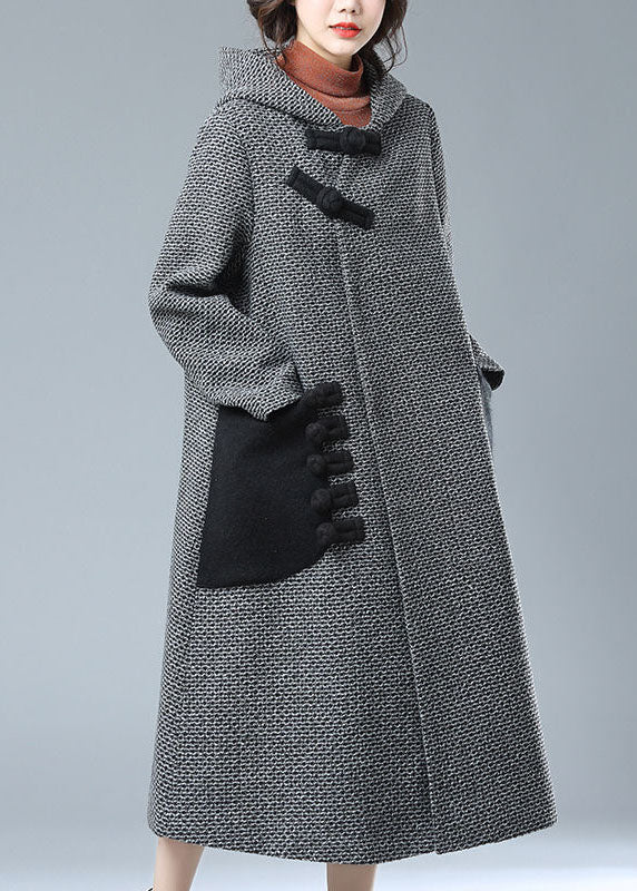 Fashion Grey Hooded Pockets Patchwork Woolen Trench Coats Winter
