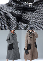Fashion Grey Hooded Pockets Patchwork Woolen Trench Coats Winter