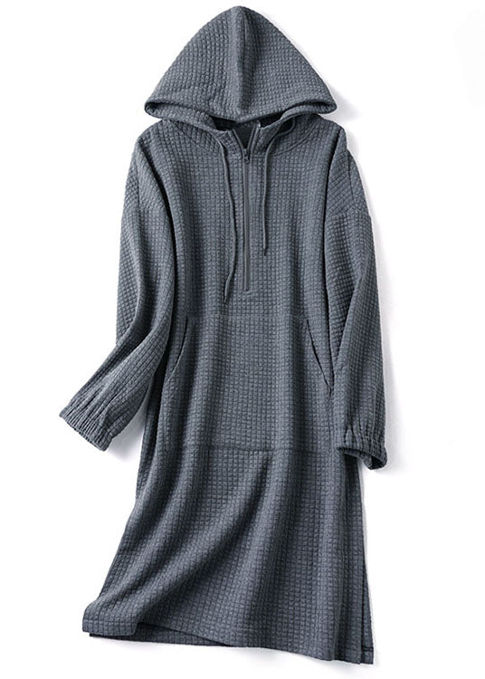Fashion Grey Hooded Zippered Side Open Cotton Loose Dresses Winter