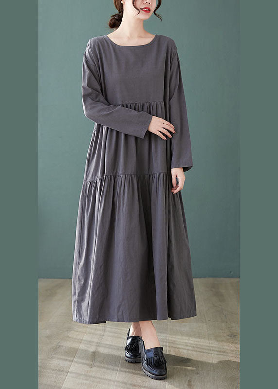 Fashion Grey Loose Pockets zerknitterte Herbstferienkleider mit langen Ärmeln