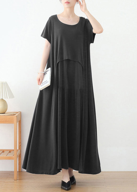 Fashion Grey O-Neck Asymmetrical Design Long Dresses Short Sleeve