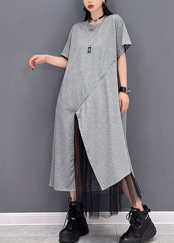 Fashion Grey O-Neck Reißverschluss Tüll Patchwork Kleider Kurzarm