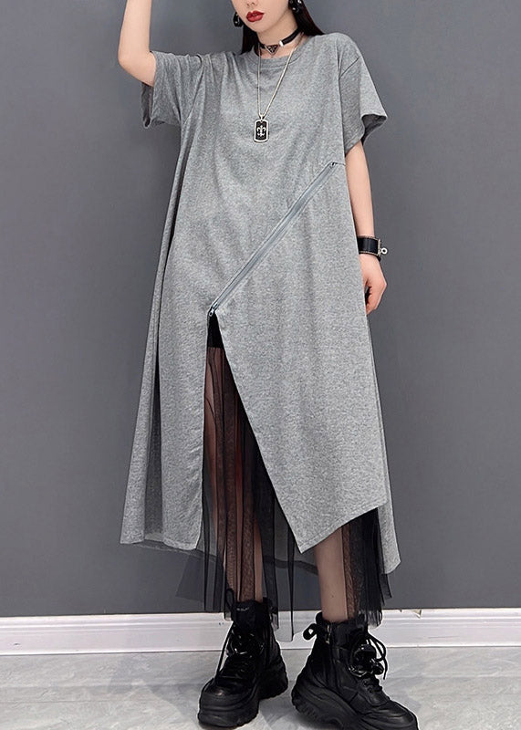 Fashion Grey O-Neck Reißverschluss Tüll Patchwork Kleider Kurzarm