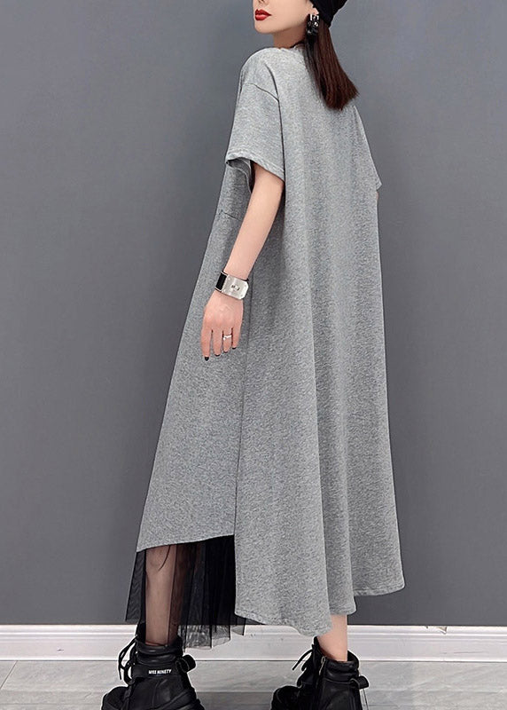 Fashion Grey O-Neck Zippered Tulle Patchwork Dresses Short Sleeve