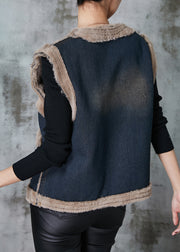 Fashion Grey Pockets Patchwork Warm Fleece Denim Vests Spring