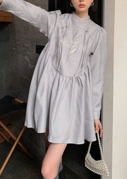 Fashion Grey Stand Collar Tasseled Embroidered Patchwork Silk Dress Spring