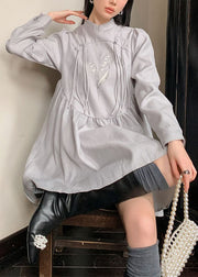 Fashion Grey Stand Collar Tasseled Embroidered Patchwork Silk Dress Spring