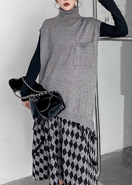 Fashion Grey Turtleneck Asymmetrical Thick Knit Waistcoat Spring