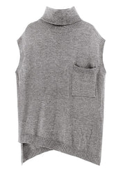Fashion Grey Turtleneck Asymmetrical Thick Knit Waistcoat Spring