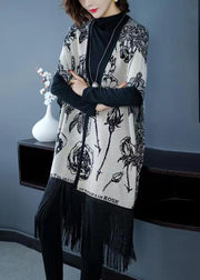 Fashion Grey V Neck Tasseled Print Patchwork Knit Coats Fall