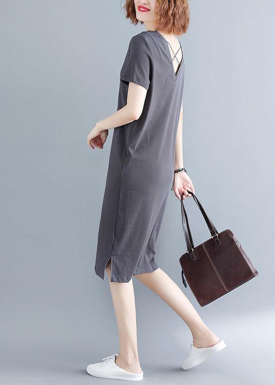 Fashion Grey V Neck Vacation Summer Cotton Dress - SooLinen