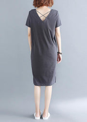 Fashion Grey V Neck Vacation Summer Cotton Dress - SooLinen