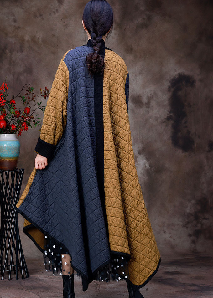 Fashion Grey Yellow Asymmetrical Pockets Patchwork Fine Cotton Filled Witner Coats Winter