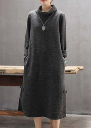 Fashion High Neck Side Open Sweater Weather Gray Big Sweater Dress - SooLinen