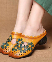 Fashion Hollow Out Floral Yellow Cowhide Leather Slide Sandals