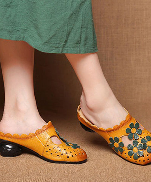 Fashion Hollow Out Floral Yellow Cowhide Leather Slide Sandals