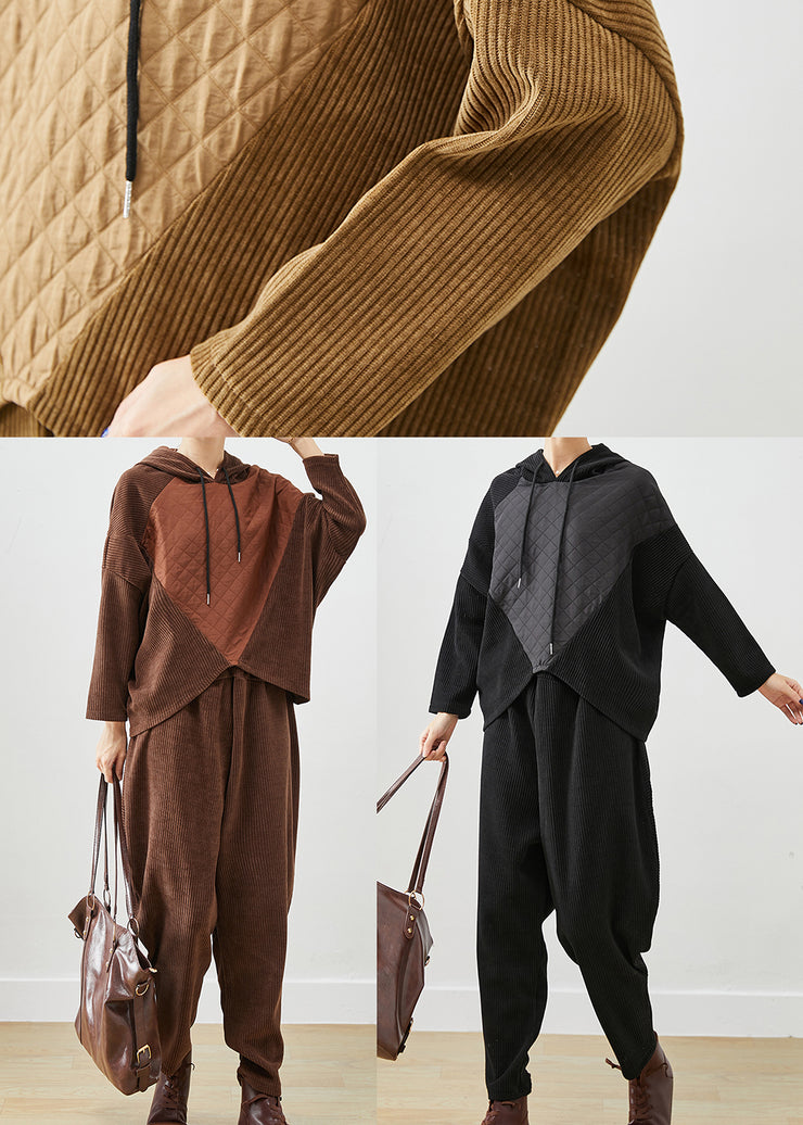 Fashion Khaki Hooded Patchwork Corduroy Two Pieces Set Batwing Sleeve