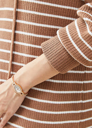 Fashion Khaki Hooded Striped Knit Sweatshirts Dress Winter